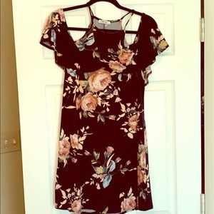 Open shoulder, flutter sleeve navy floral dress
